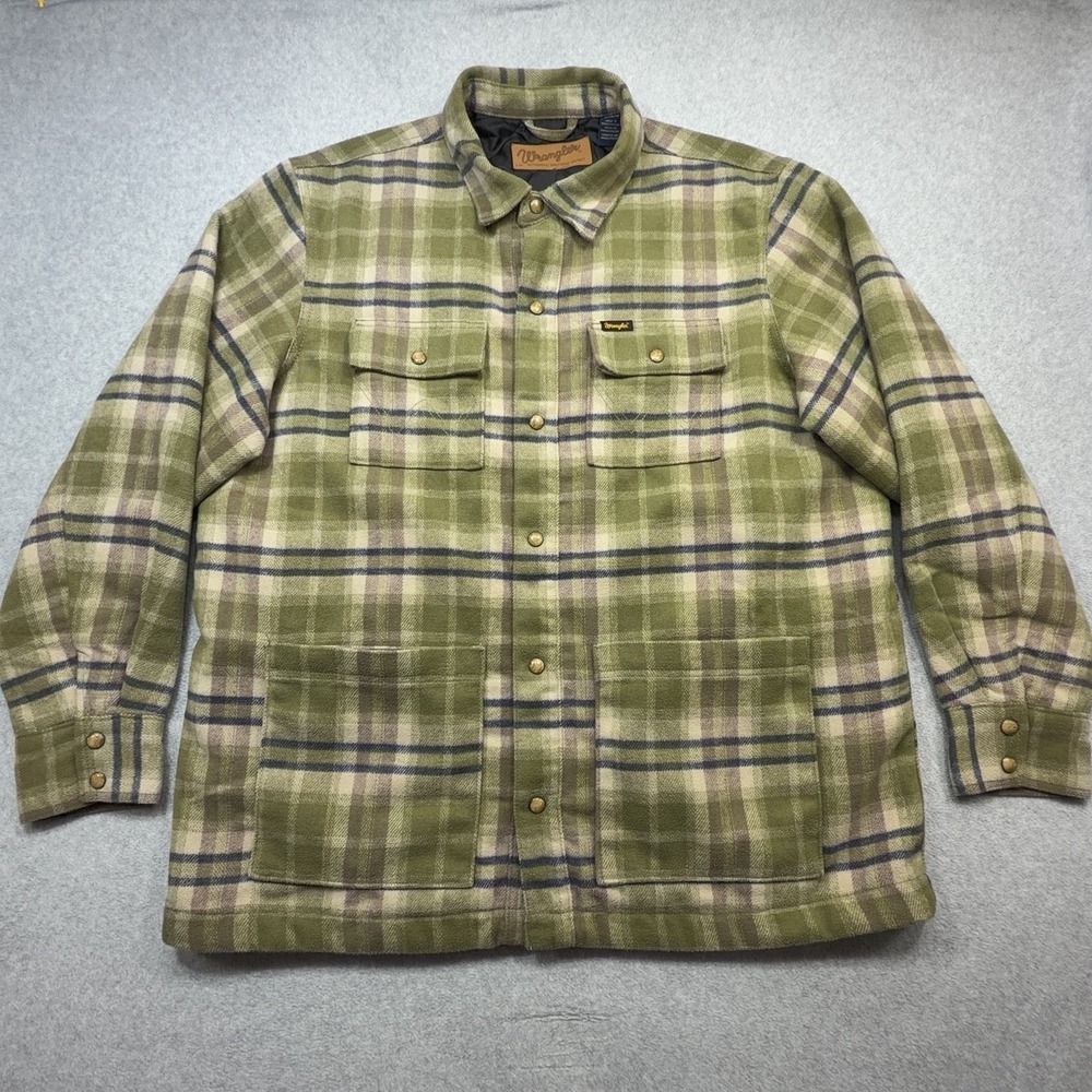 Wrangler Western Jacket Mens XL Green Plaid Flannel Quilted Lined Pearl Snap